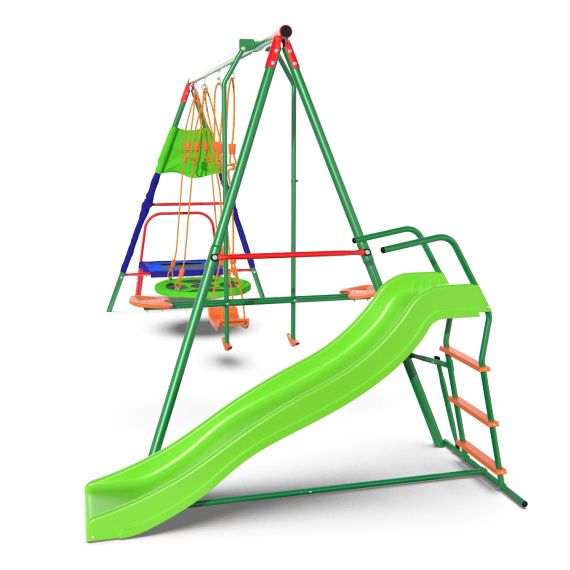ДЕТСКИЙ КОМПЛЕКС DFC MULTIPLAY КАЧЕЛИ: ПЛАНЕР, ВЕРЁВОЧНЫЕ, ГНЕЗДО; МИНИ-БАТУТ И ГОРКА