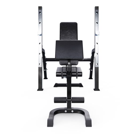 СКАМЬЯ СО СТОЙКАМИ ПОД ШТАНГУ DFC GORILLA ЧЕРНАЯ, С ПАРТОЙ ДЛЯ БИЦЕПСА