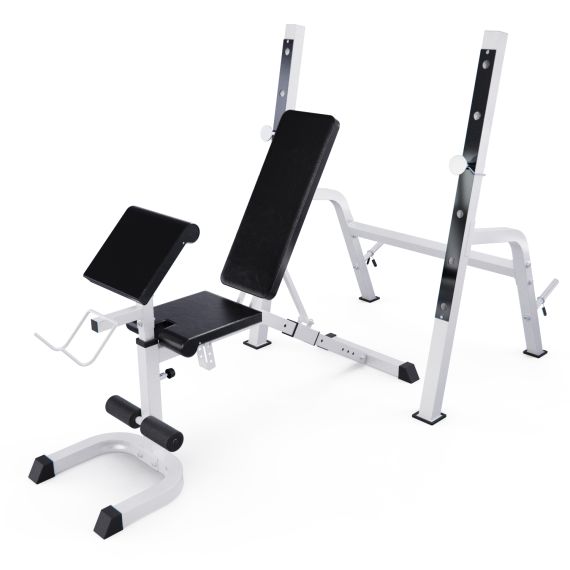 СКАМЬЯ СО СТОЙКАМИ ПОД ШТАНГУ DFC GORILLA БЕЛАЯ, С ПАРТОЙ ДЛЯ БИЦЕПСА