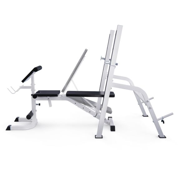 СКАМЬЯ СО СТОЙКАМИ ПОД ШТАНГУ DFC GORILLA БЕЛАЯ, С ПАРТОЙ ДЛЯ БИЦЕПСА