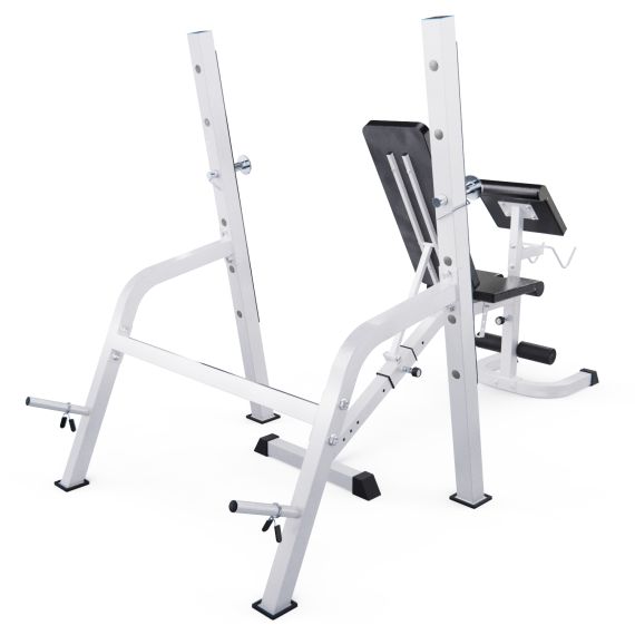 СКАМЬЯ СО СТОЙКАМИ ПОД ШТАНГУ DFC GORILLA БЕЛАЯ, С ПАРТОЙ ДЛЯ БИЦЕПСА